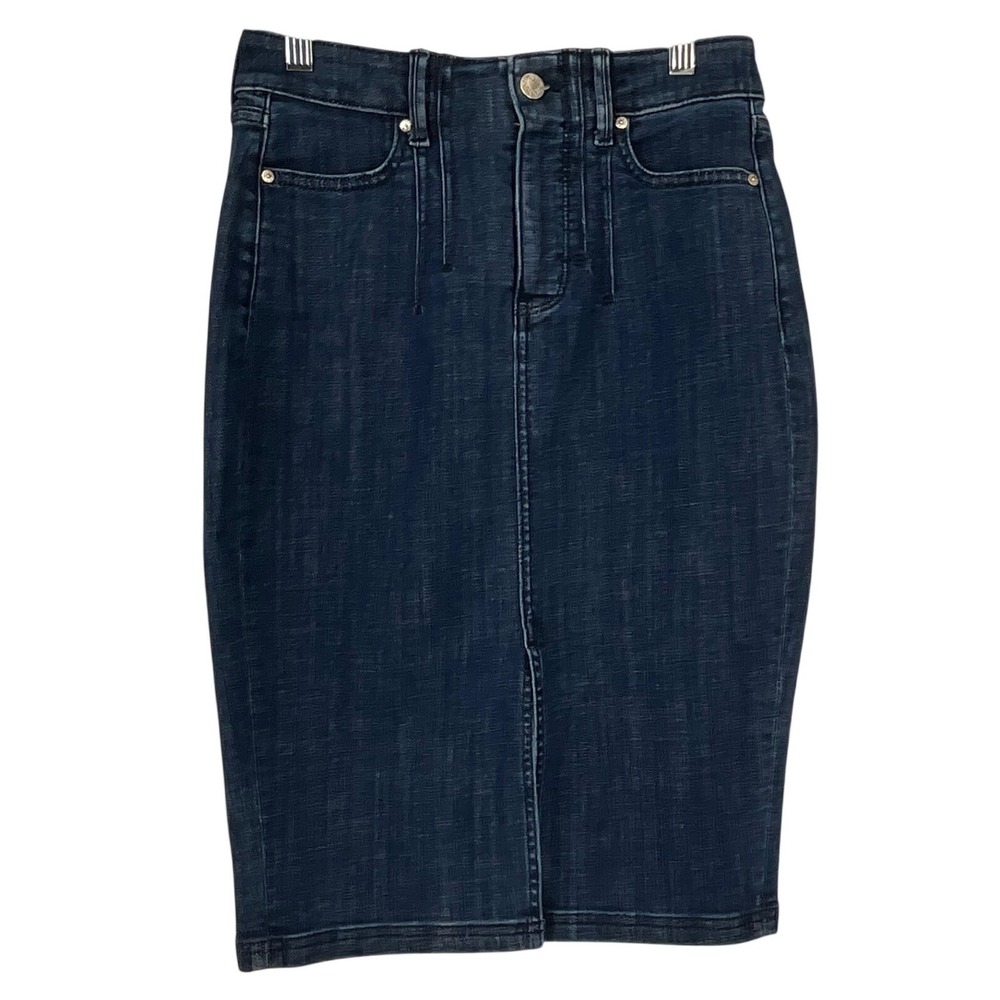 White House Black Market Dark Wash Denim Pencil Skirt Size 0 High Waist Slit‎